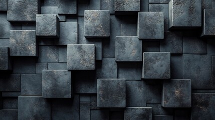 Poster - Matte black tech wall with deep layered cube textures offering a mysterious and hightech ambiance ideal for innovative office spaces or avantgarde home designs
