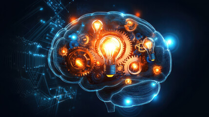 Poster - Conceptual illustration of a glowing brain with light bulbs and gears, symbolizing creativity, innovation, and intelligence in a technological landscape