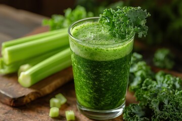 Healthy green smoothie with kale and celery, selective focus