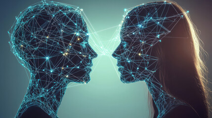 Poster - Two abstract silhouettes represented with interconnected lines and glowing nodes, symbolizing human connection and technology