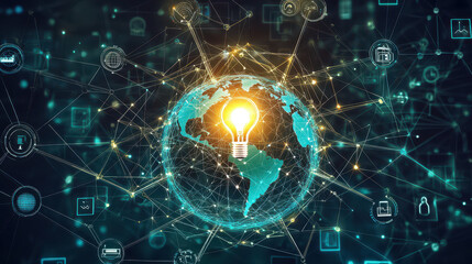 Poster - Global network of connections with a glowing light bulb representing innovative ideas and technology on a dark background