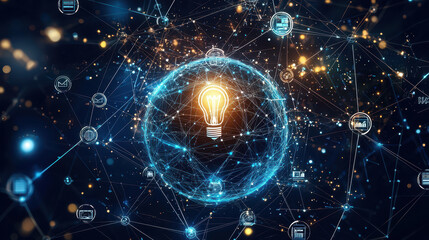 Poster - Abstract digital network sphere with glowing light bulb, representing innovation and connectivity in technology and ideas