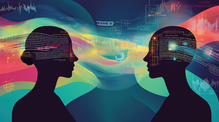 Poster - Abstract representation of two human silhouettes with digital data streams and vibrant colors symbolizing communication and technology