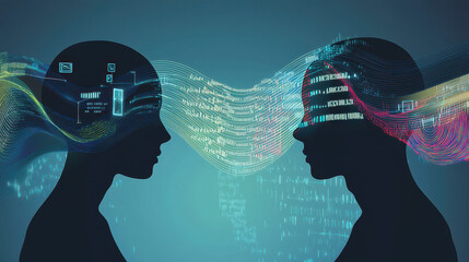 Poster - Abstract illustration of two silhouetted heads with digital data flowing between them, representing communication and technology transfer