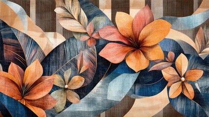 Poster - Floral and geometric wall mural design on a brown backdrop Ideal for use as wallpaper postcard or background
