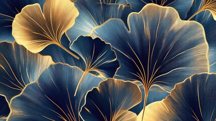 Sticker - Luxury abstract artwork featuring elegant golden and blue ginkgo leaves A trendy botanical design with intricate lines for interior decor