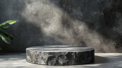 Poster - Elegant dark stone podium arrangement Subtle backdrop for showcasing products Soft natural shadow on textured wall Setting designed for minimalistic mock up display with ample copy space