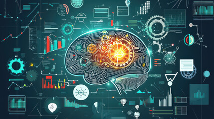 Poster - Abstract representation of a human brain interconnected with gears, graphs, and data, symbolizing technology and intelligence