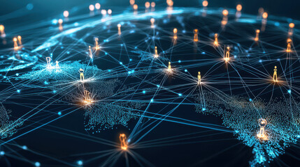 Poster - Digital global network represented by interconnected lines and glowing nodes with person icons across the world map