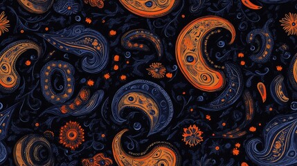 Poster - abstract seamless colorful paisley fabric effect with ajrakh print ornament pattern on a black backg