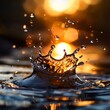 © DIAHIMAGESNEW - Water droplet creates a crown-shaped splash in a pool of water, backlit by a glowing sunset.