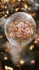 Canvas Print - Transparent balloon filled with pink flowers and gold confetti is gently floating with a blurred background of green and gold bokeh