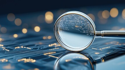 Poster - A magnifying glass hovers over a blue circuit board, representing the intricate details of data analysis and AI technology in cybersecurity