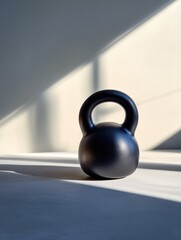 Poster - A black kettlebell rests alone on a surface, illuminated by natural light, creating a serene and focused atmosphere for fitness. Generative AI