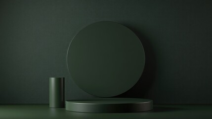 Poster - dark warm green 3d illustration featuring a minimalistic product display background with a top view 