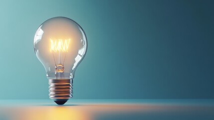 Poster - Glowing light bulb with new in its filament symbolizes fresh ideas and innovation, against a vintage blue background. Perfect for business success