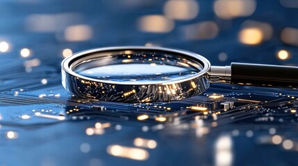 Poster - A magnifying glass hovers over a blue circuit board, representing the intricate details of data analysis and AI technology in cybersecurity
