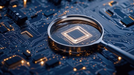Poster - A magnifying glass hovers over a blue circuit board, representing the intricate details of data analysis and AI technology in cybersecurity