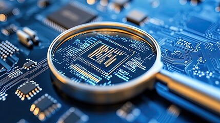 Poster - A magnifying glass hovers over a blue circuit board, representing the intricate details of data analysis and AI technology in cybersecurity