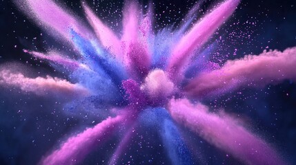 Poster - Explosion of pink violet and blue powder on a black background in a 3D cartoon rendering This illustration captures the freeze motion of color powder bursting forth