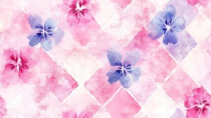 Poster - Hand drawn geometric textures with watercolor floral tile motifs Seamless background featuring pink trends and endless allover painting