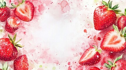 Poster - Fresh strawberries as healthy food illustrated with a watercolor background Set of watercolor fashion drawings featuring isolated elements Crystal ornament square frame border included