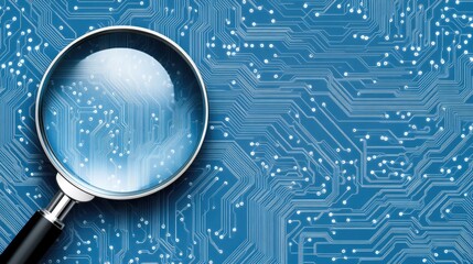 Poster - A magnifying glass hovers over a blue circuit board, representing the intricate details of data analysis and AI technology in cybersecurity