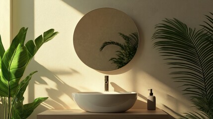 Poster - 3d rendering of a circular mirror on a wall above a sink in a contemporary restroom