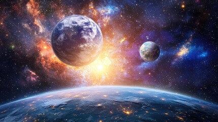 Wall Mural - panoramic view of the earth stars and galaxy in 3d cartoon rendering planet earth seen from space sp