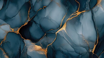 Poster - Luxury abstract fluid art painting using alcohol ink technique featuring a blend of dark blue gray and gold colors Imitation of marble with shimmering golden veins creating a tender dreamy design