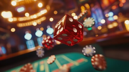 Fototapete - Red dice are airborne over a craps table, surrounded by scattered betting chips in a bustling casino environment. Generative AI
