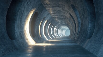 Poster - 3D rendering of an abstract dark concrete tunnel design featuring dynamic lighting