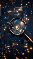 Poster - A magnifying glass hovers over a blue circuit board, representing the intricate details of data analysis and AI technology in cybersecurity