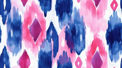 Poster - Pink Ikat Tribal Brush Pattern Abstract Wavy Brush Design Blue Bohemian Pattern Ethnic Geometric Batik Texture Seamless Watercolor Stroke Pattern in Purple Seamless Stripe Geo Batik Design