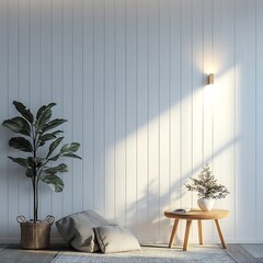 Poster - Minimalist white paneled wall background with clean vertical lines and subtle texture adding depth and sophistication to the interior space illuminated by soft natural light