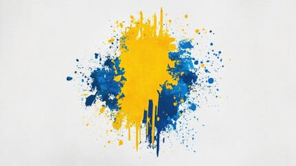 Poster - Golden Yellow And Blue Ink Overflow And Splatter Create Beautiful Stains On Textured Canvas Wallpaper Pattern Realistic Garnish Splash Overlay On White Paper