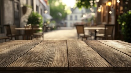 Poster - 3D rendering of an empty wooden table surface with a blurred cafe backdrop