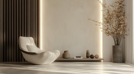 Poster - Interior of a living room featuring an armchair and decorative accessories against a white wall 3D rendering