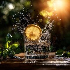 Poster - A glass of water with a lemon slice splashing in it, on a wooden table with green leaves in the background.