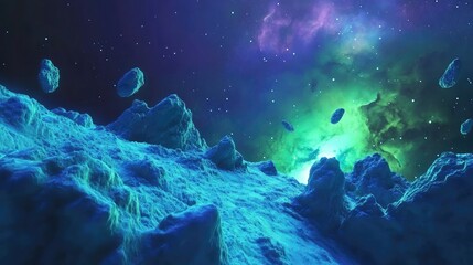 Poster - 3D cartoon depiction of a star field voyage featuring a blue and green cosmic space nebula digital art illustration