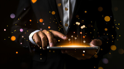 Poster - business data statistics display on digital tablet in the hands of a businessman