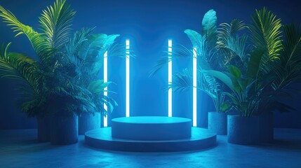 Poster - Empty exhibition stand illuminated by neon lights adorned with tropical palm leaves Display area for products goods and medical laboratories Podium set in a space suitable for retail and advertisi