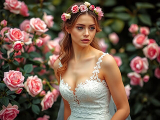 Canvas Print - A woman wearing a white dress and a flower headband stands in front of a field of pink roses