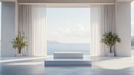 Poster - Contemporary minimalist interior featuring a coastal view 3D rendering Clean backdrop with a display podium for promotional use and presentations Elegant architectural design of the interior space