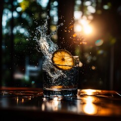 Wall Mural - A glass of water with a lemon slice in it, splashing as it is dropped into the glass.