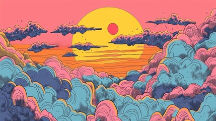 Poster - Vibrant Sunset Sky with Rainy Clouds Dusky Hues and Orange and Yellow Sunrise Peeking Through