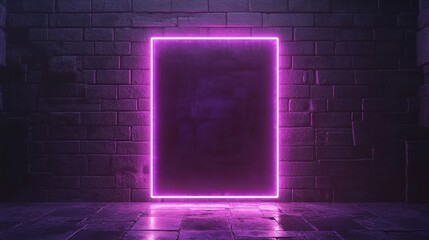 Poster - Neon Glowing Rectangle Frame on Brick Wall
