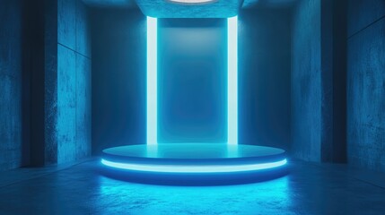 Poster - futuristic podium with a glowing blue showcase blank product display for presentation technology des