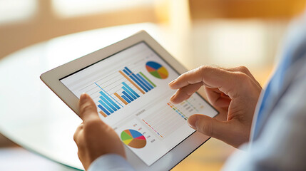 Poster - business data statistics display on digital tablet in the hands of a businessman