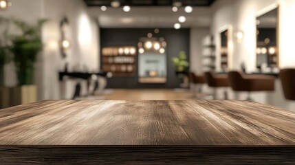Poster - 3d rendering of an empty brown wooden tabletop for product display against a blurred beauty and hair